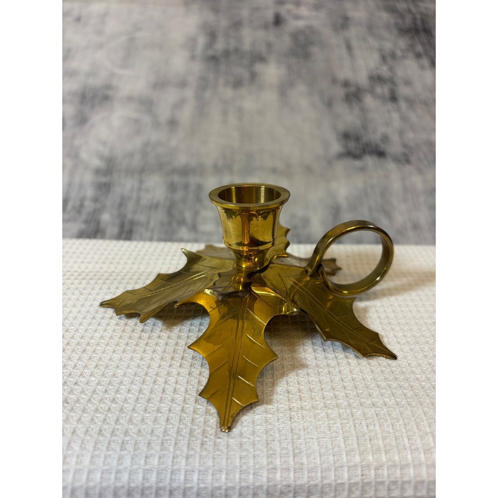 Century Imports Brass Holly Leaf Candle Holder Finger Loop 1515-A Made in India
